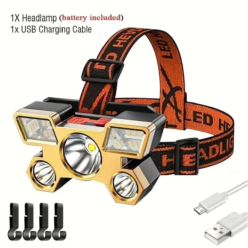 5*LED High Power Headlamp, Super Bright Rechargeable Fishing Camping Light, Long Distance Head Mounted Mining Lamp, Flashlight Oasis Select 1PC with Hook