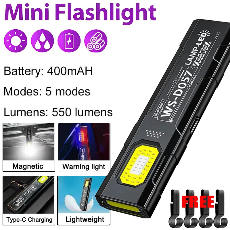 Portable EDC COB LED Flashlight with Magnetic Rechargeable Work Light with Hat Clip for Outdoor Camping Hiking Repair Vehicles Oasis Select