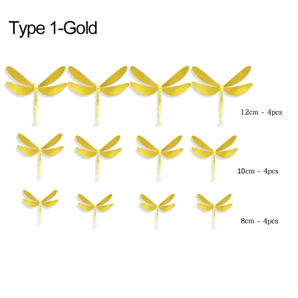 12-Pack 3D Dragonfly Wall Stickers – Gold Silver Rose Gold