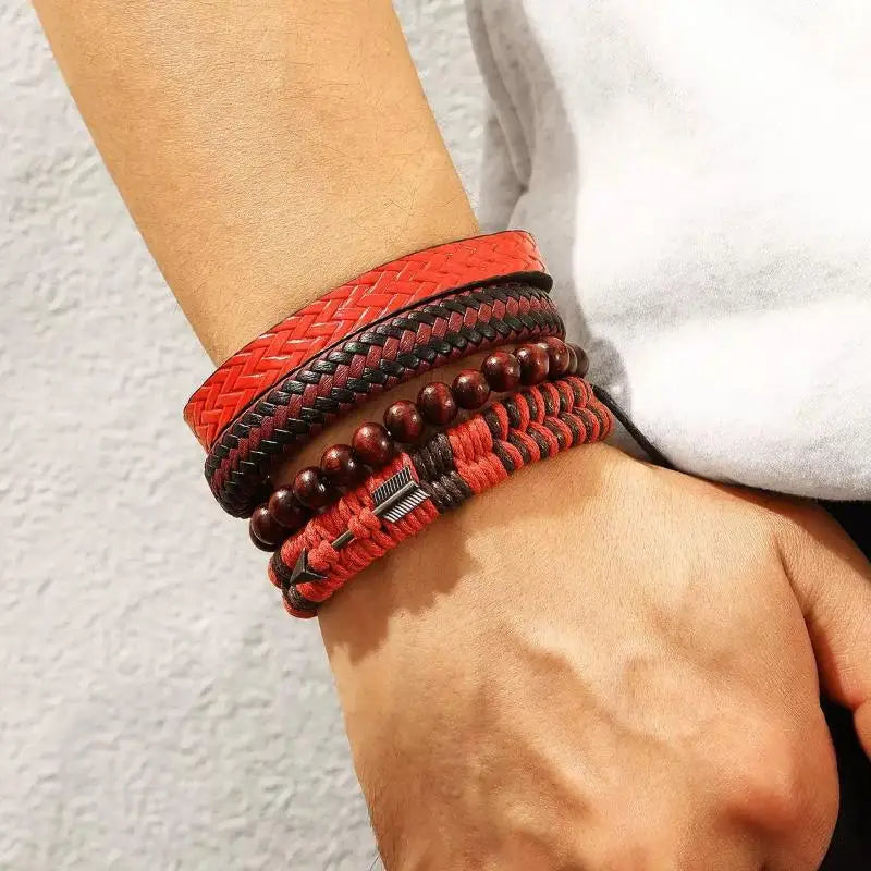 4Pcs/Set Fashion Vintage Men's Leather Bracelet Cupid's Arrow Wooden Beaded Leather Hand Woven Retro Fashion Bracelets For Men Oasis Select