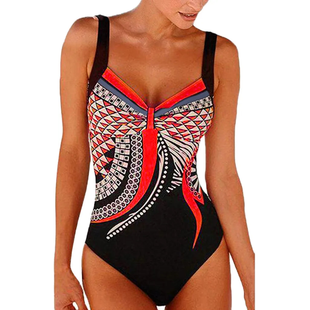 Ladies' Enthic Style Graphics Printed Retro Summer Backless Sexy Fashion Swimwear Sreamless One Piece Sling Bathing Clothing Oasis Select Red M