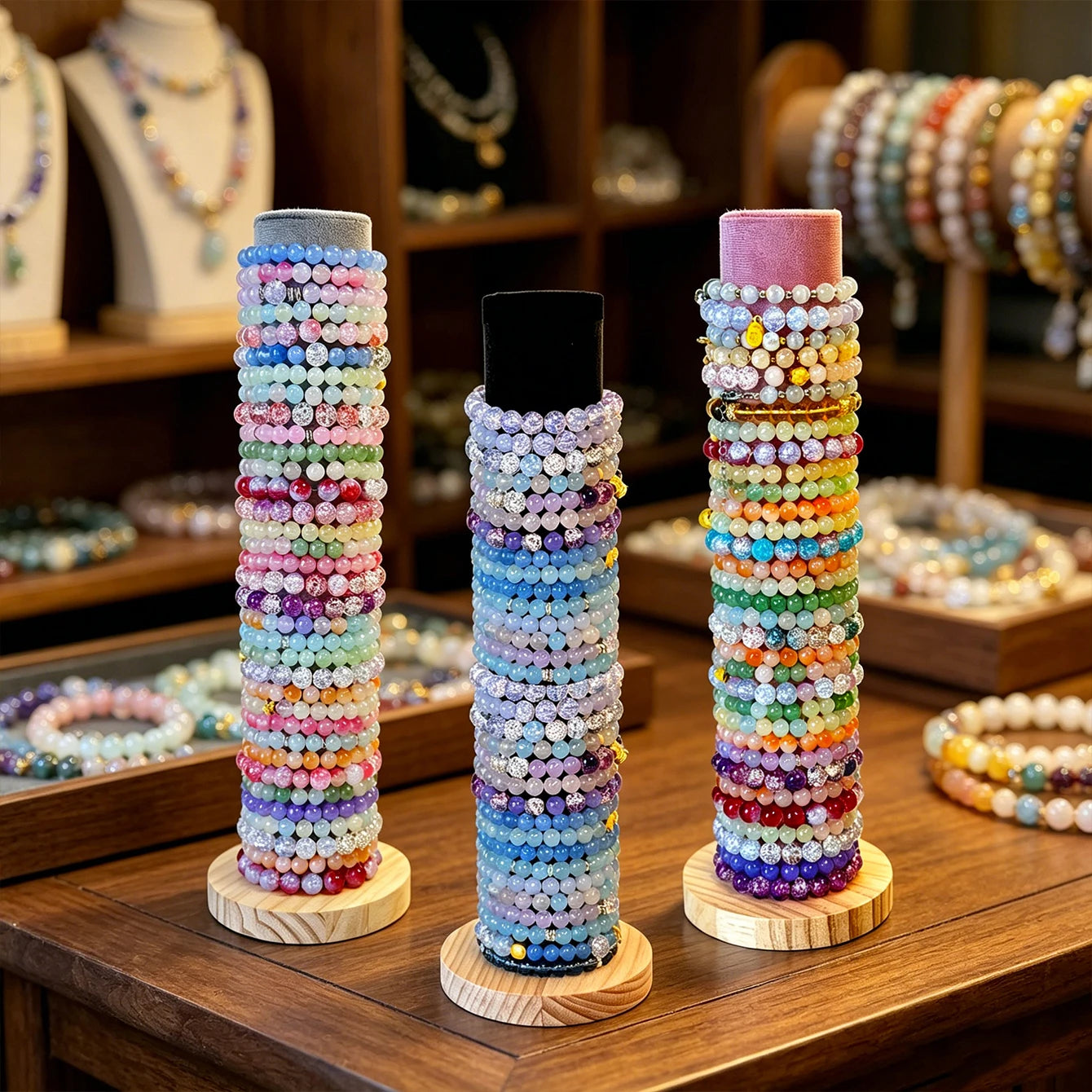 1pc velvet multi-color bracelet jewelry storage rack with vertically stacked tabletop and wooden solid wood base storage rack Oasis Select