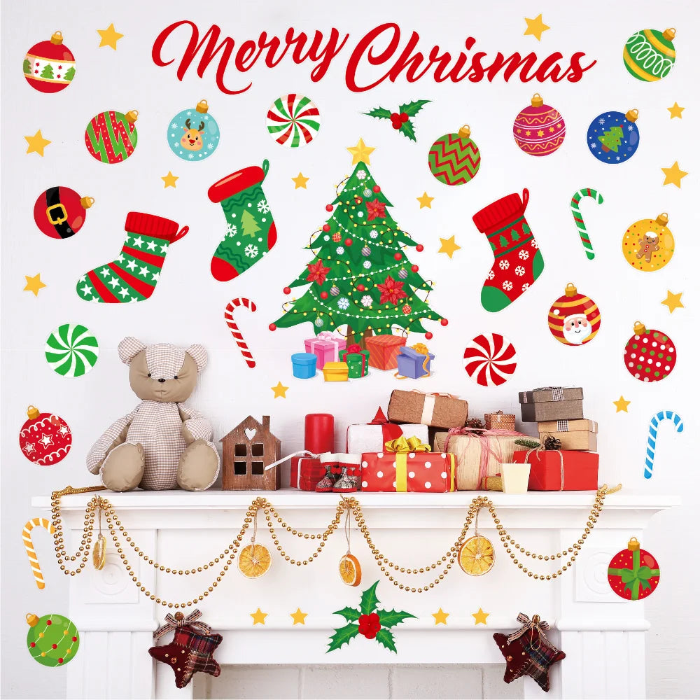 Christmas Wall Stickers Xmas Tree Candy Snowflake Pattern Self-adhesive PVC Sticker New Year Party Wall Window Decoration Decals Oasis Select