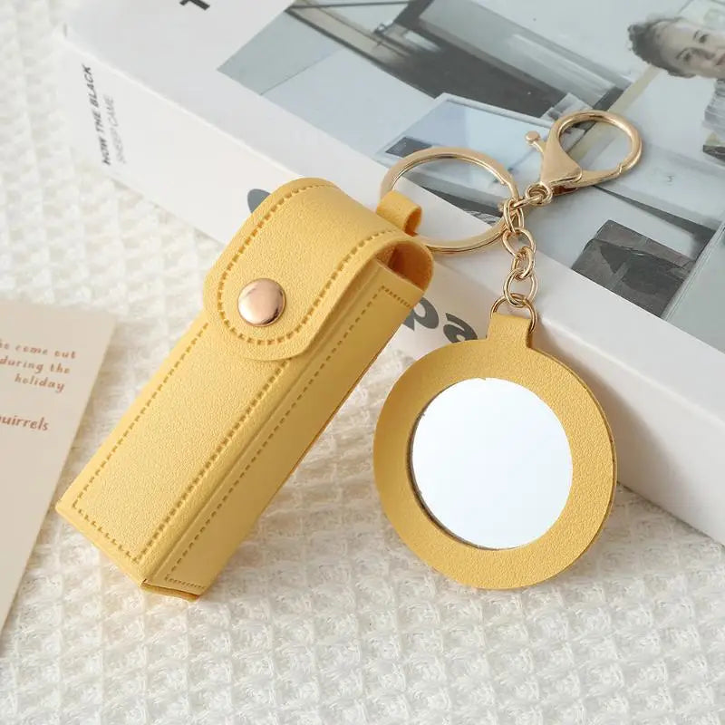 PU Leather Lipstick Holder Keychain with Flower Mirror