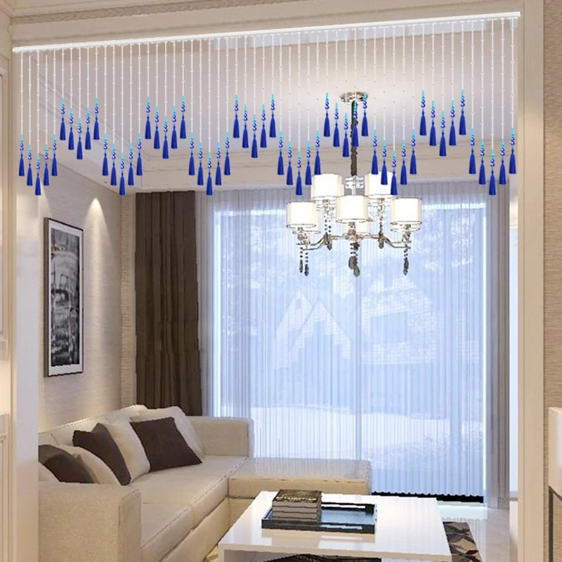 Punch free new style bead curtain blue tassel crystal partition curtain living room decorative curtain room decoration Oasis Select