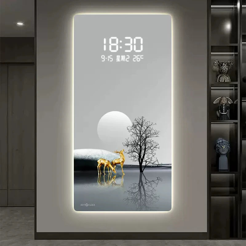 Modern Light Luxury Porch Digital Electronic Wall Clock Living Room Corridor Decoration Hanging Wall LED Plug-in Clock Painting Oasis Select