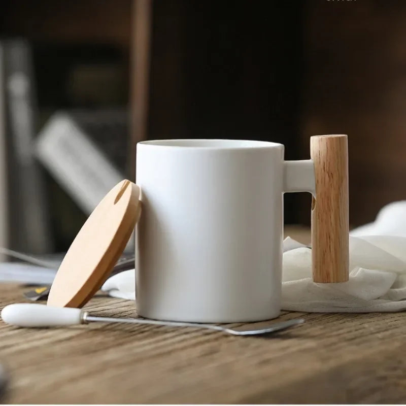 Creative 310ml Ceramic Coffee Mug with Wooden Handle & Lid Milk Cup Couple's Mug Office Kitchen Water Cup Drinkware Gift Box Set Oasis Select