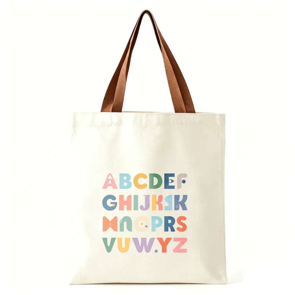 Colorful ABC Alphabet Canvas Tote Bag Large Capacity Eco Reusable Shopping Shoulder Bag Women Teacher Student School Handbags Oasis Select Brown