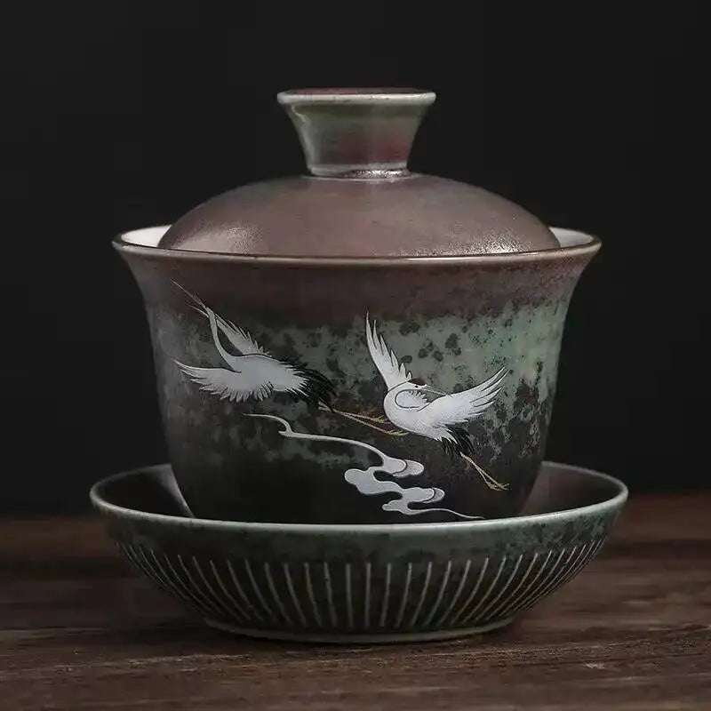 Japanese Kiln Change Color Ceramic Sancai Gaiwan Kung Fu Tea Set Household Tea Brewer Creative Crane Large Serving Tea Bowl Oasis Select xi Cover Bowl 300ml