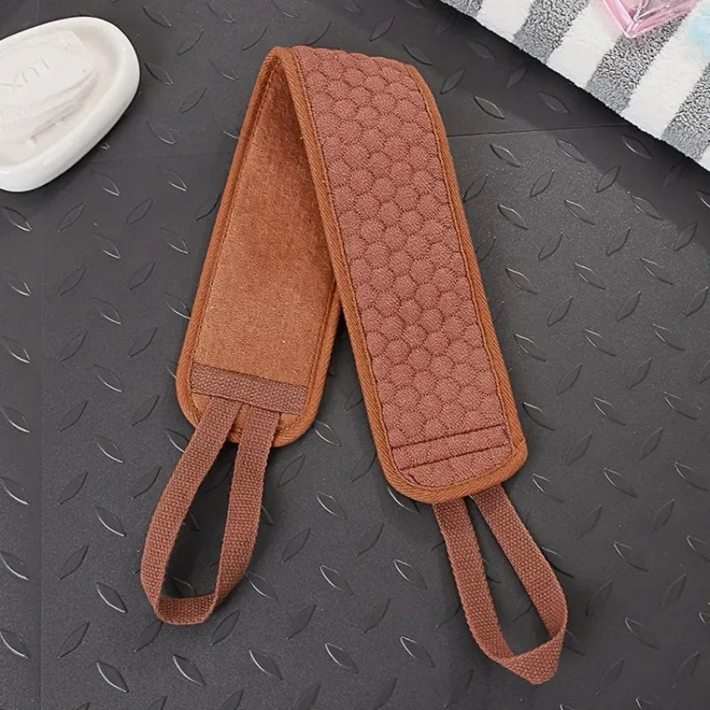 Exfoliating Back Scrubber, Long Handle Bath Scrub Strap for Shower, Double-Sided Body Washcloth for Deep Cleansing Hand Towel Oasis Select caramel color