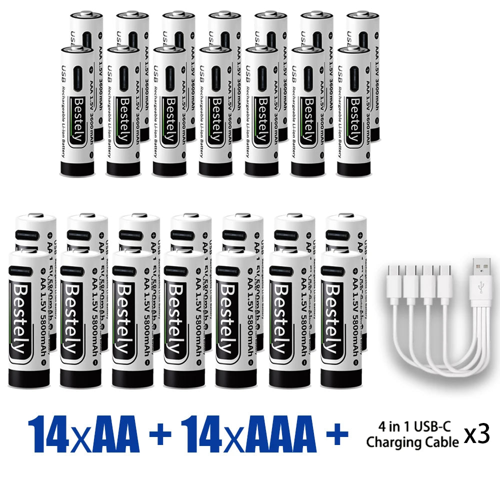 AA+AAA Rechargeable Batteries 1.5V Li-ion Battery Long-Lasting High Capacity Lithium, 2000 Cycle with Free USB-C Cables Oasis Select 14AA 14AAA