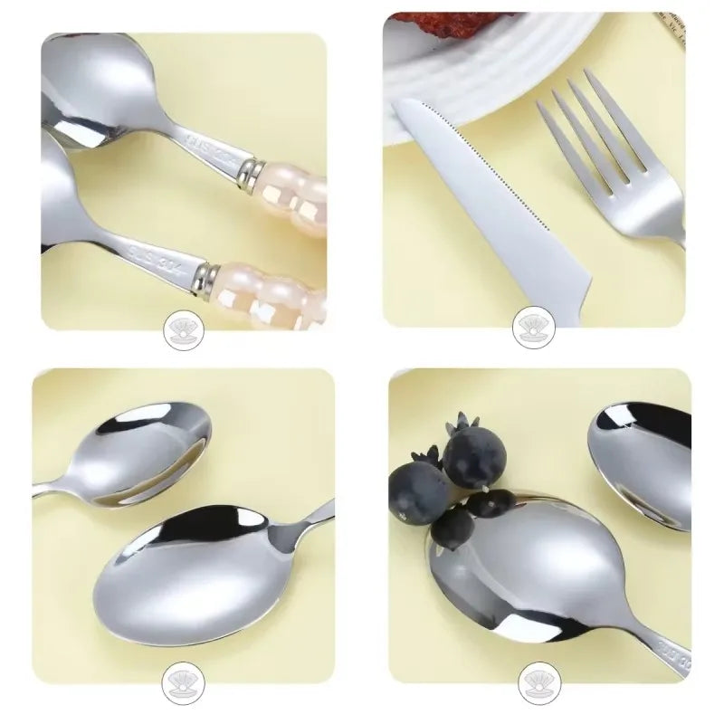 4Pcs/Set Luxury Ceramic Pearl Handle Cutlery Set Knife Fork Spoon Creative Cute Soup Spoon Western Food Steak Knife Spoon Fork Oasis Select