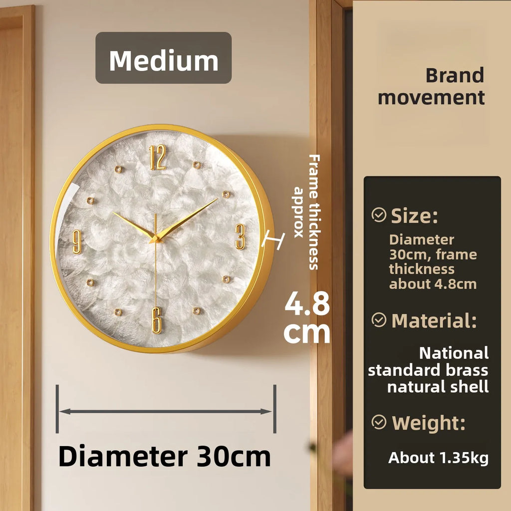 Gold Frame Shiny Dial Wall Clock Modern and Simple Home Decoration Fashionable Living Room Home Clock Decor Oasis Select Real Shell M mute