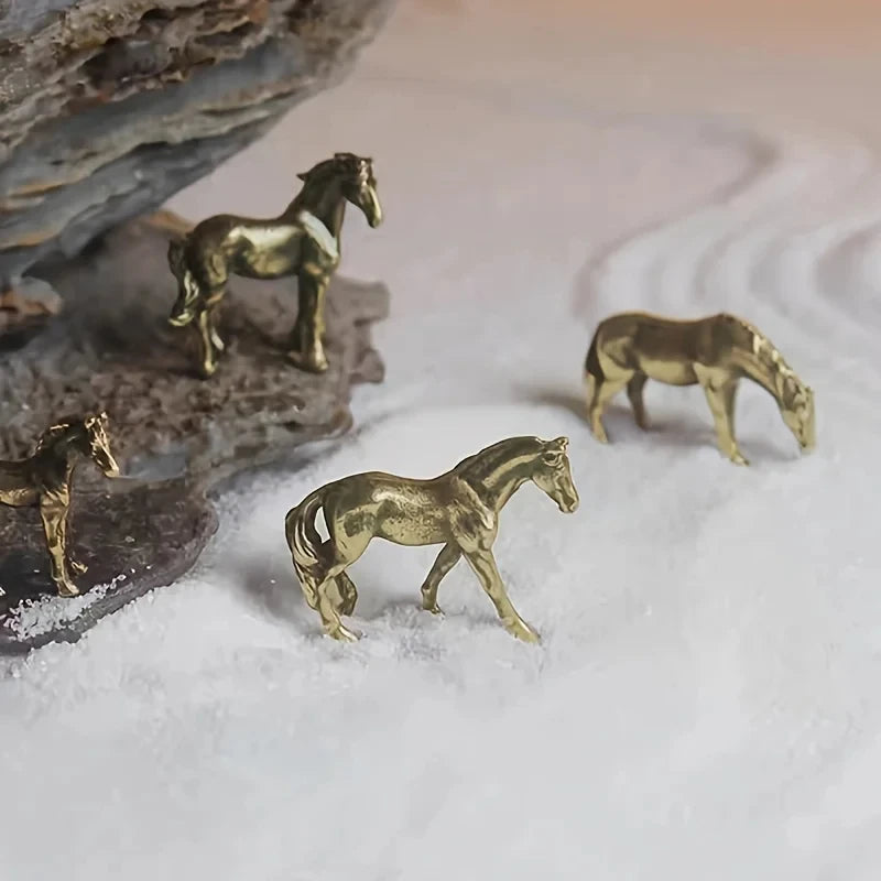 Miniature Antique Brass Long Tail Horse Figurines Feng Shui Ornament Copper Zodiac Animal Mini Desktop Crafts Home Decor gifts Oasis Select