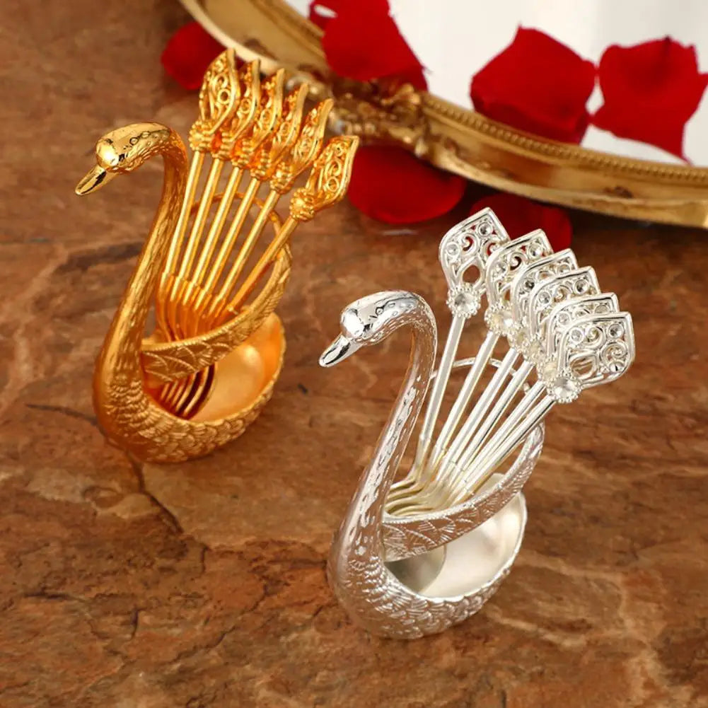 Stainless Steel Creative Dinnerware Set Decorative Swan Base Holder With 6 Spoons For Coffee Tea Cake Dessert Kitchen Supplies Oasis Select