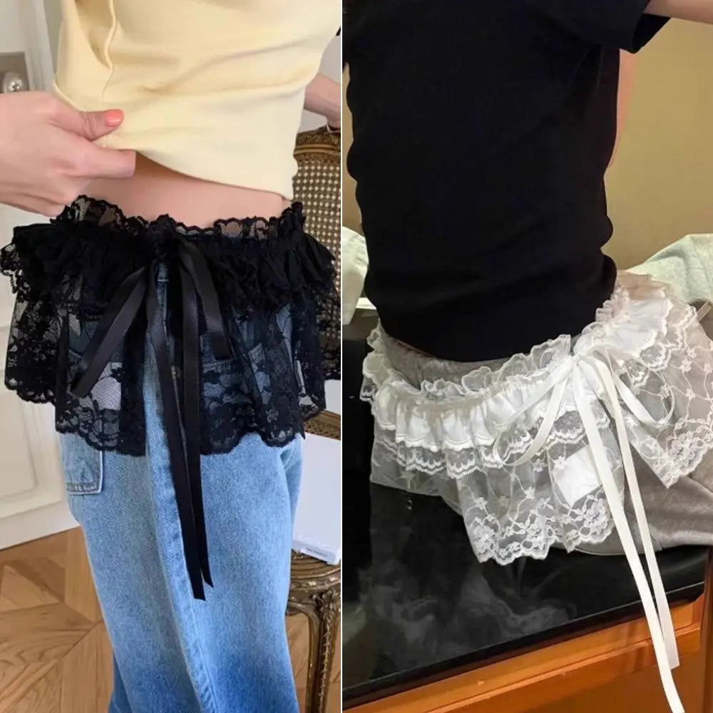 New Embroidered Flower Lace Mini Skirt Y2K Streetwear See Through Ruched Skirts Harajuku Lace Up Ruffles Skirt Jeans Decoration Oasis Select
