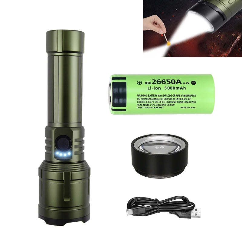 Powerful LED Flashlight USB C Rechargeable with Fresnel Lens Flashlight Super Bright Aluminum Zoom Torch Emergency Power Bank Oasis Select Green-26650 Battery ZOOM