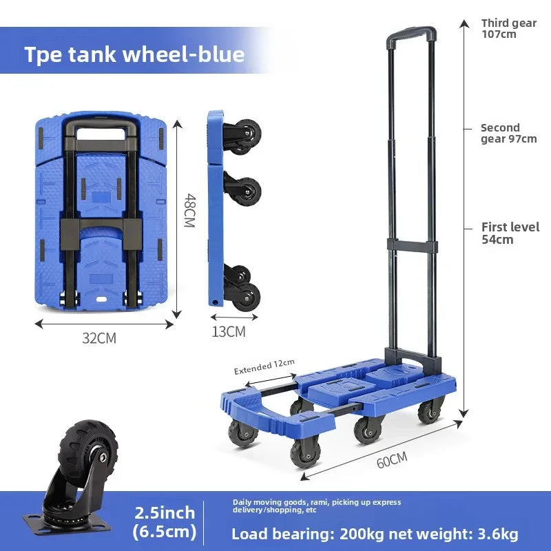 Multi-functional Hand-pulled truck, flatbed truck, portable trailer, trolley, moving truck, six wheels Durable Oasis Select BY01-B-blue