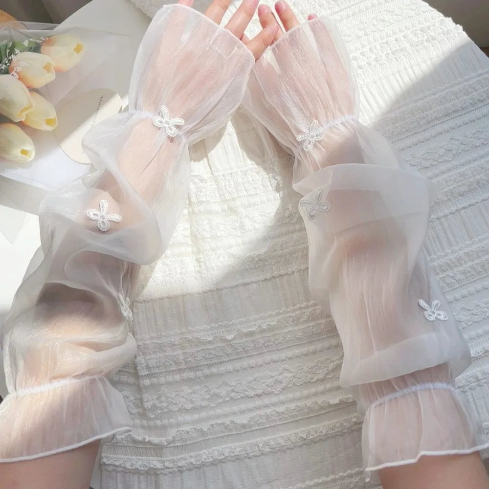 1 Pair Wide Fairy Style Arm Cover UV Resistant Breathable Ice Sleeves Cooling Bow Ice Silk Sunscreen Sleeves Sun Protection Oasis Select White