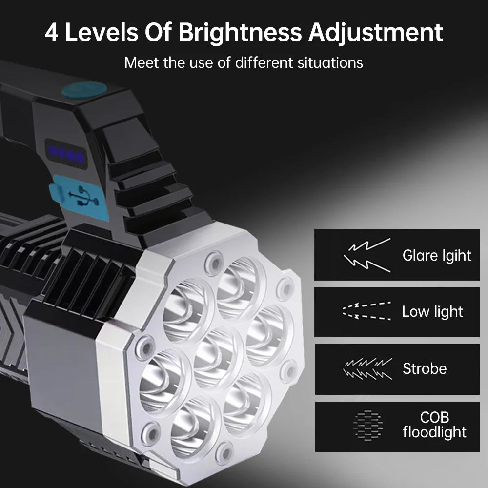 7 LED Rechargeable Camping Flashlight | COB Side Light & Solar