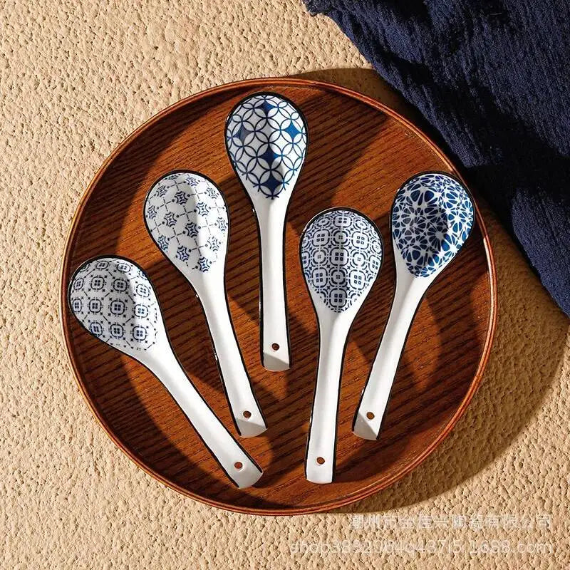 Japanese-style Small Blue And White Ceramic Spoon With Underglaze Decoration, Extended Length For Soup And Noodle Serving Oasis Select