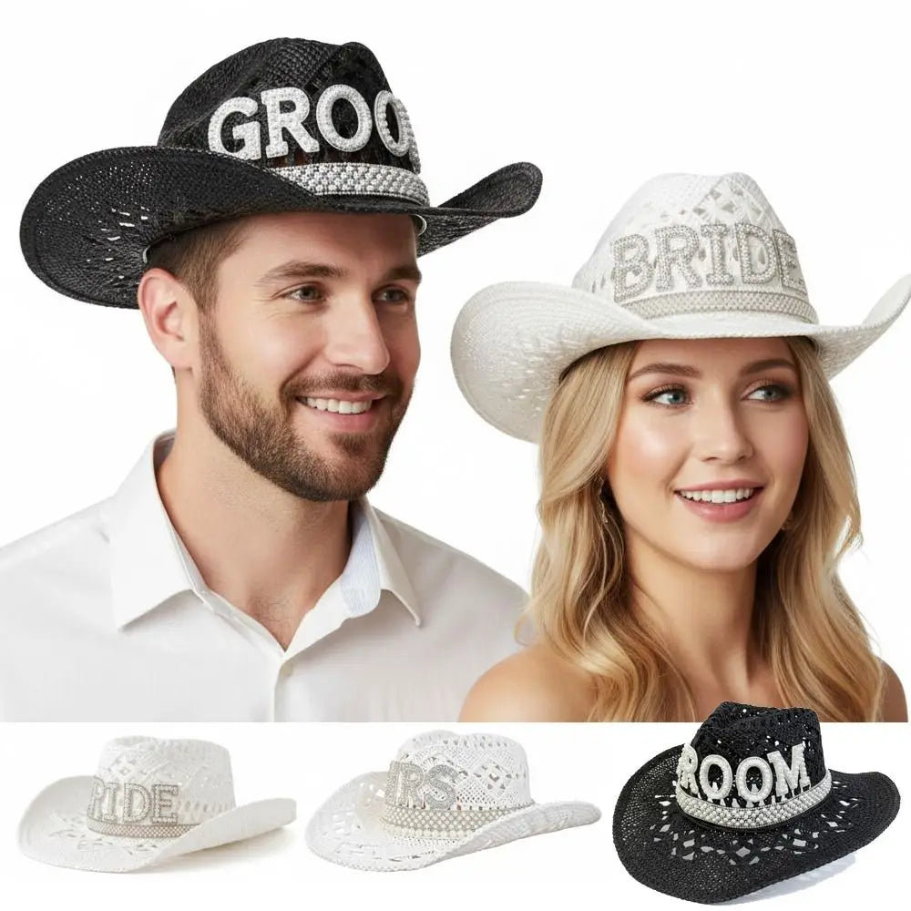 Rhinestone Letter Bride Groom Cowboy Hat Hollow Wide Brim Cowgirl Hat Crochet Western Cowboy Hat For Wedding Bachelorette Party Oasis Select