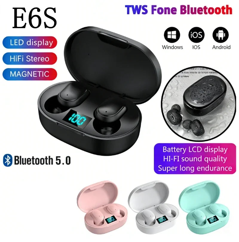 Digital Display Bluetooth Earphones with Mic TWS E6S Wireless Bluetooth Headset Noise Cancelling Headset for Xiaomi Huawei Oppo Oasis Select