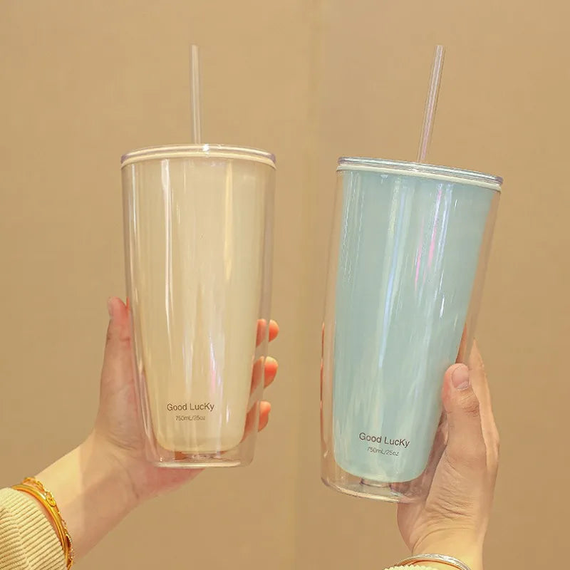 750ml Plastic Straw Cups Double-Layer with Straw Large Capacity Reusable Water Bottle for Drinking Coffee Mug Juice Milk Cup Oasis Select