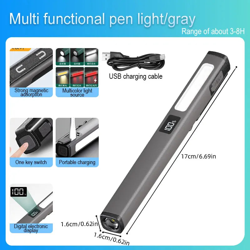3 Light Source Flashlight Rechargeable Medical Pocket Penlight Magnetic Work Lighting Repair Medical Warning Pen Lamp with Clip Oasis Select W08-Gray