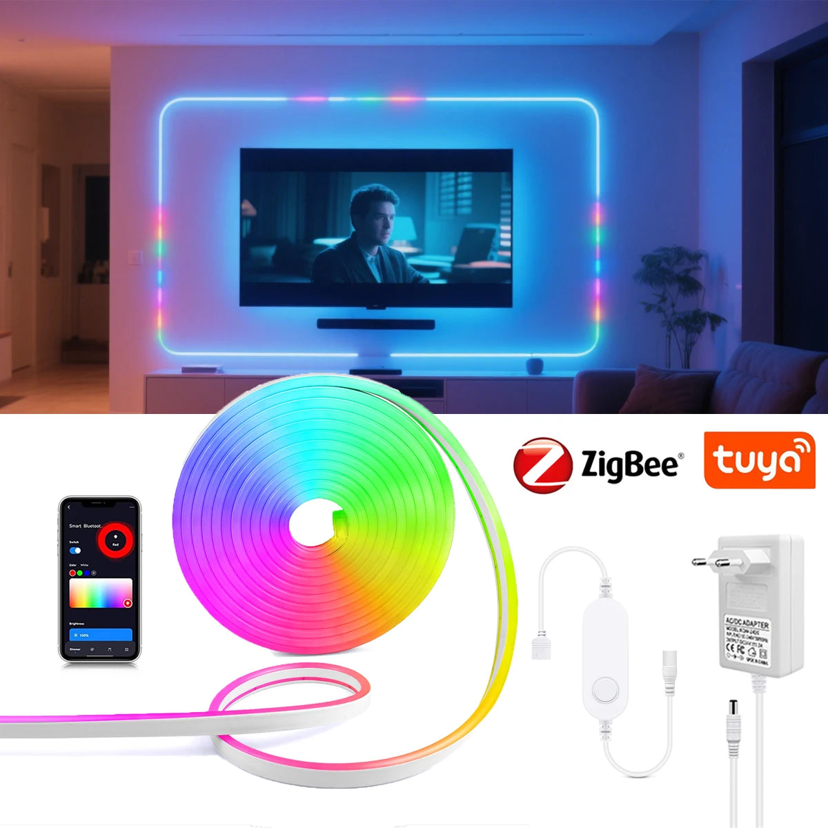 Smart Zigbee 3.0 RGB Neon LED Strip Light 12V Dimmable Room Wall Backlight Decor Works with Tuya Alexa Google APP Voice Control Oasis Select