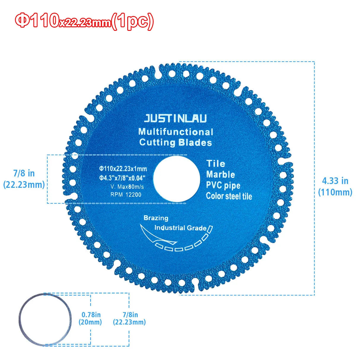JUSTINLAU Multifunctional Cutting Piece Sheet Disc Tile Rock Plate Metal Marble Machine Angle Grinder Dry Slice Emery Saw Blade Oasis Select 1pc Blue-110mm