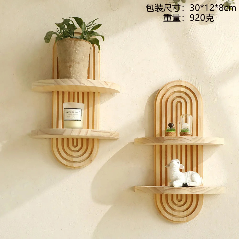 Bohemian Solid Wood Wall Shelf – Oval Flowerpot & Decor Holder