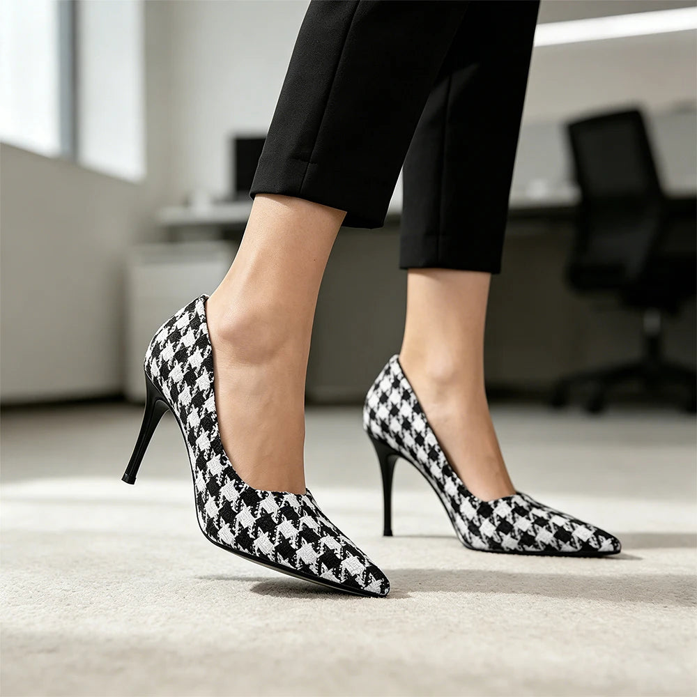 Women Houndstooth High Heels 9cm Vintage Plaid Pumps Office Work Party Shoes Comfortable Non Slip Soft Textile Daily Wear Ladies Oasis Select
