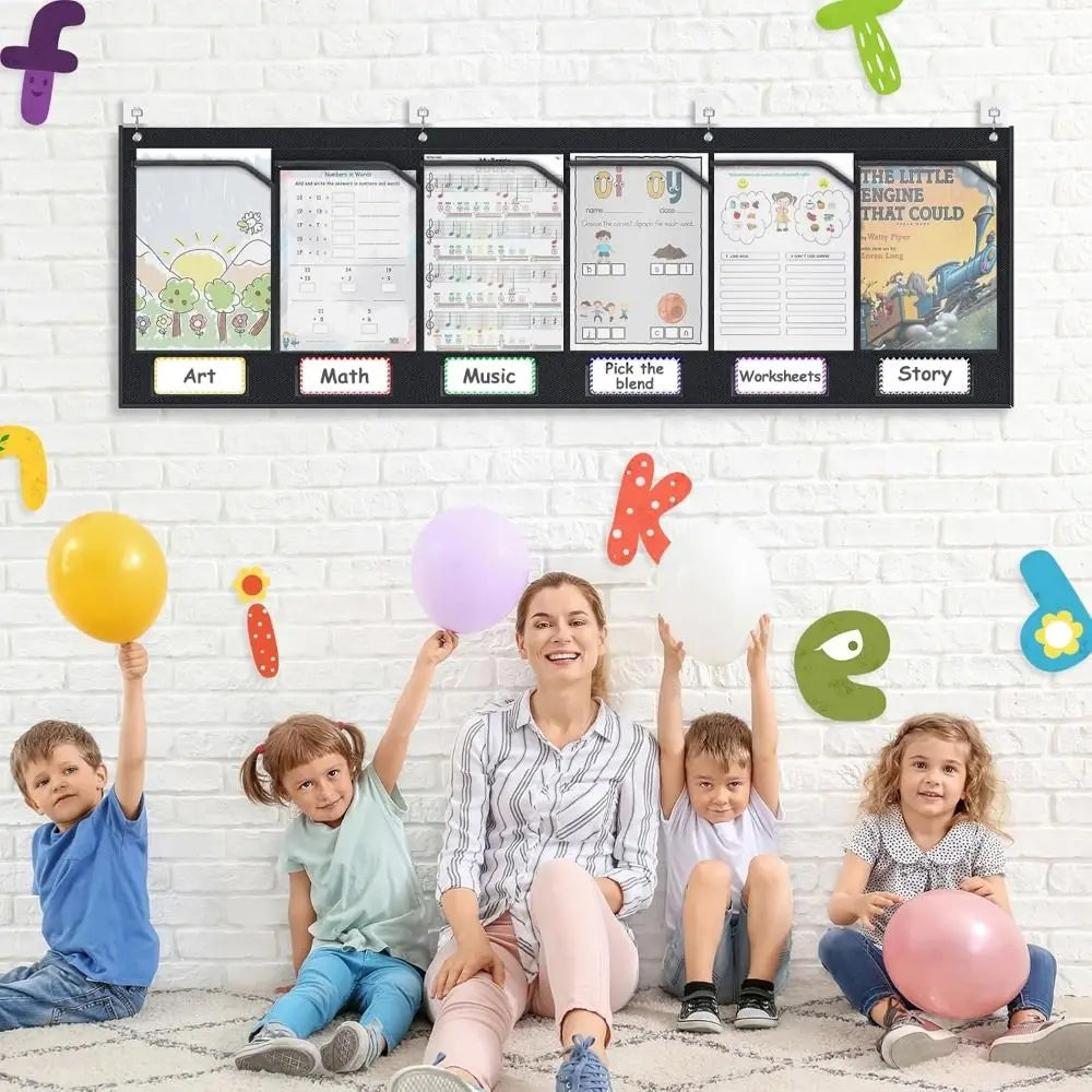 Sturdy Horizontal Storage Pocket Chart Reusable with 6 Clear Pockets Wall Pocket Chart with Label Durable Foldable Oasis Select