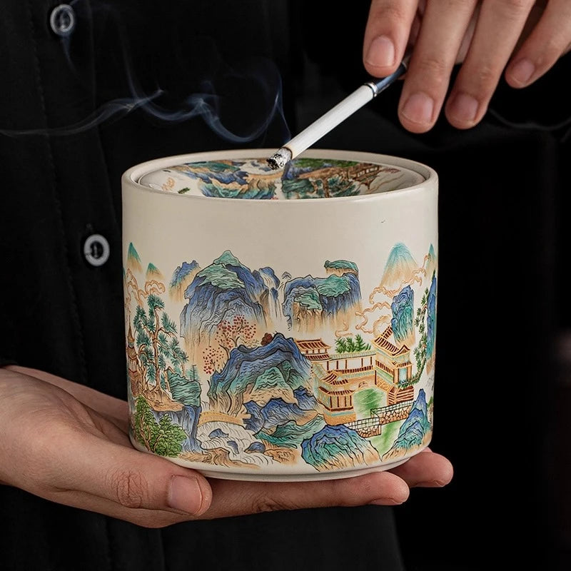 Shanshui Yaju Ru Kiln Ashtray with Lid Anti Fly Ash Office Smoke Cup Household Chinese Funnel Smoke Jar Ceramics Oasis Select