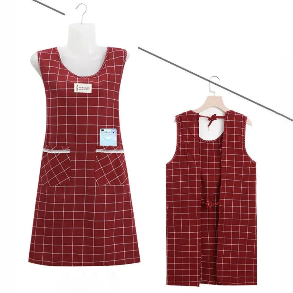 Women's Plaid Cotton Sleeveless Apron – Oil-Proof, Large Pocket