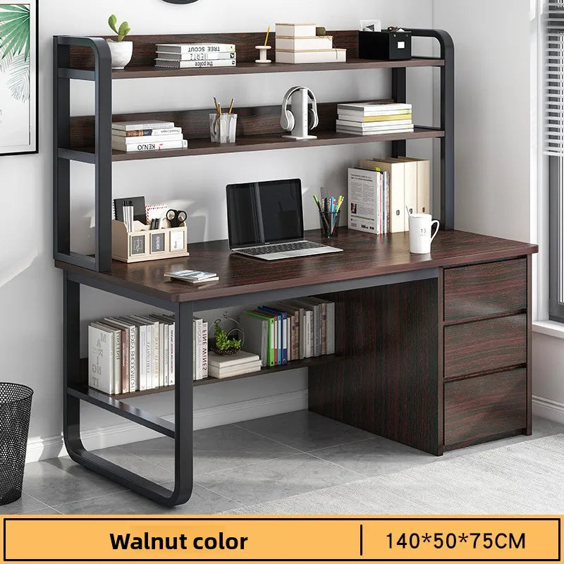 Desk Desktop Computer Desk Simple Home Desk Student Bedroom Bookshelf Integrated Writing Desk Oasis Select Walnut-140-50-B