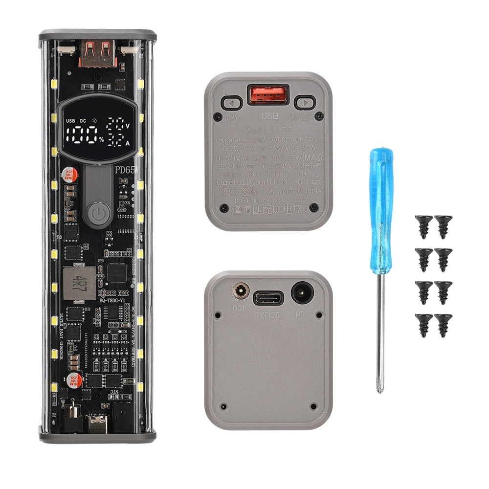 PD 65W DIY Battery Box DC Port Fast Charging Transparent Power Bank Shell Weld-Free 8-Cell 18650 Battery Case Oasis Select Black