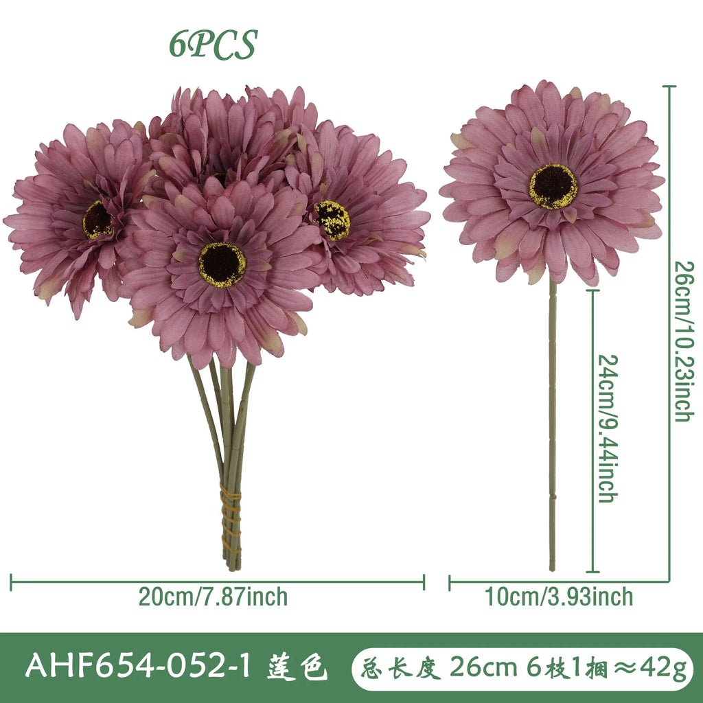 6Pcs Artificial Silk Gerbera Flowers Wedding Bouquet Home Table Hotel Pastoral Decor Floral Arrangement Ornament Oasis Select D
