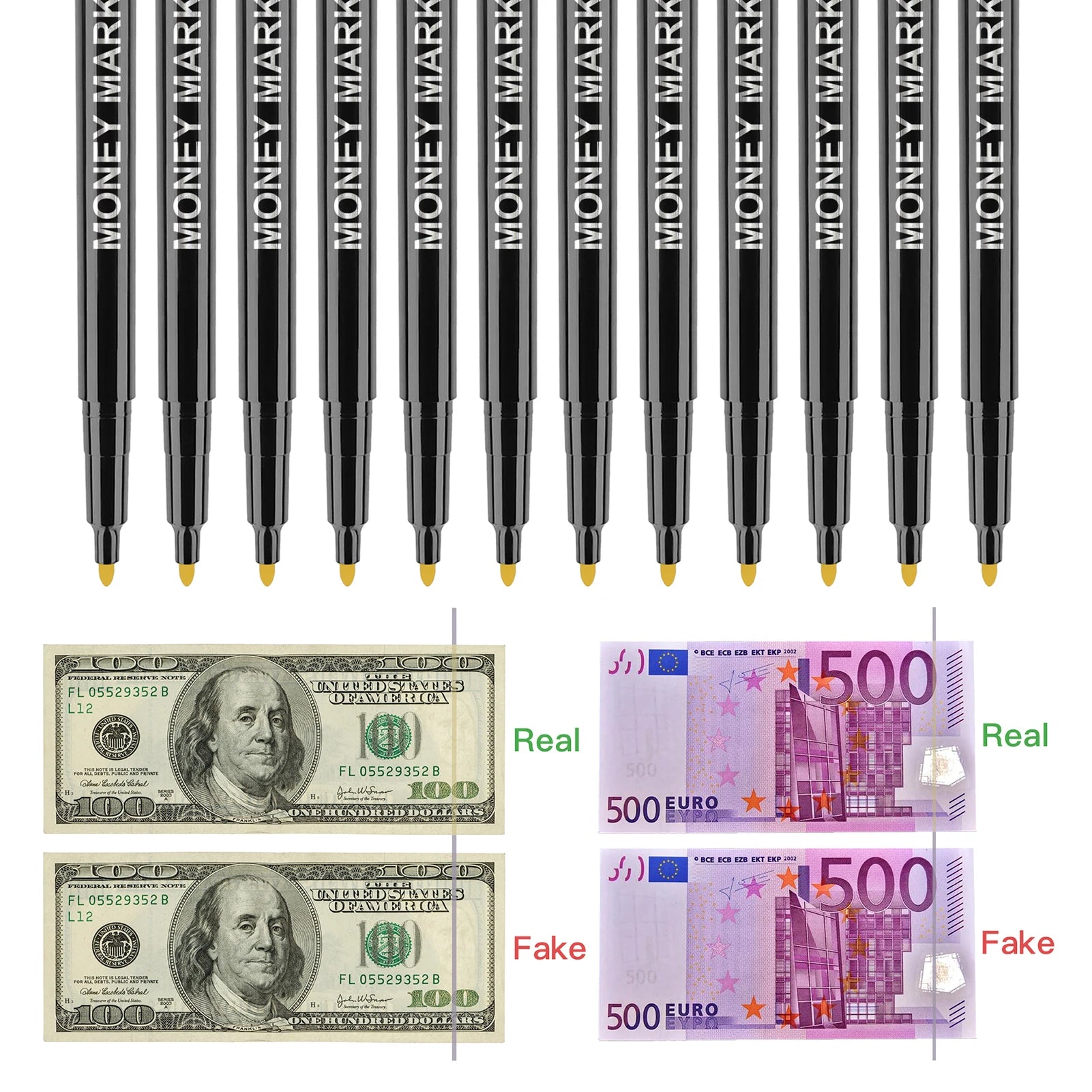 12pcs Counterfeit Pen Fake Money Detector Markers for EURO USD RMB and Other Countries Bills Cash Check Easy and Fast to Use Oasis Select