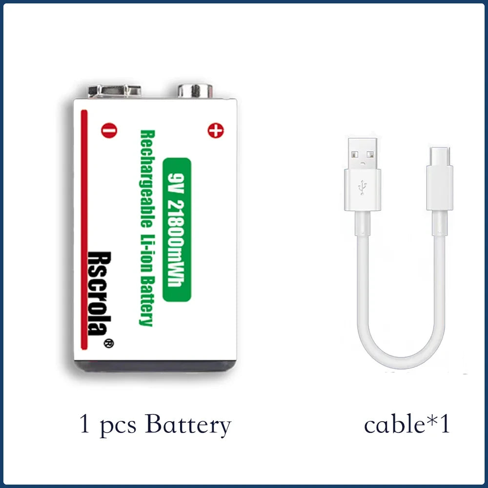 9V Lithium ion Rechargeable Battery 21800mWh High Capacity Long-Lasting for Guitar Microphone Smoke Detector Pedal with Cable Oasis Select 1 pcs 9v Battery 9v