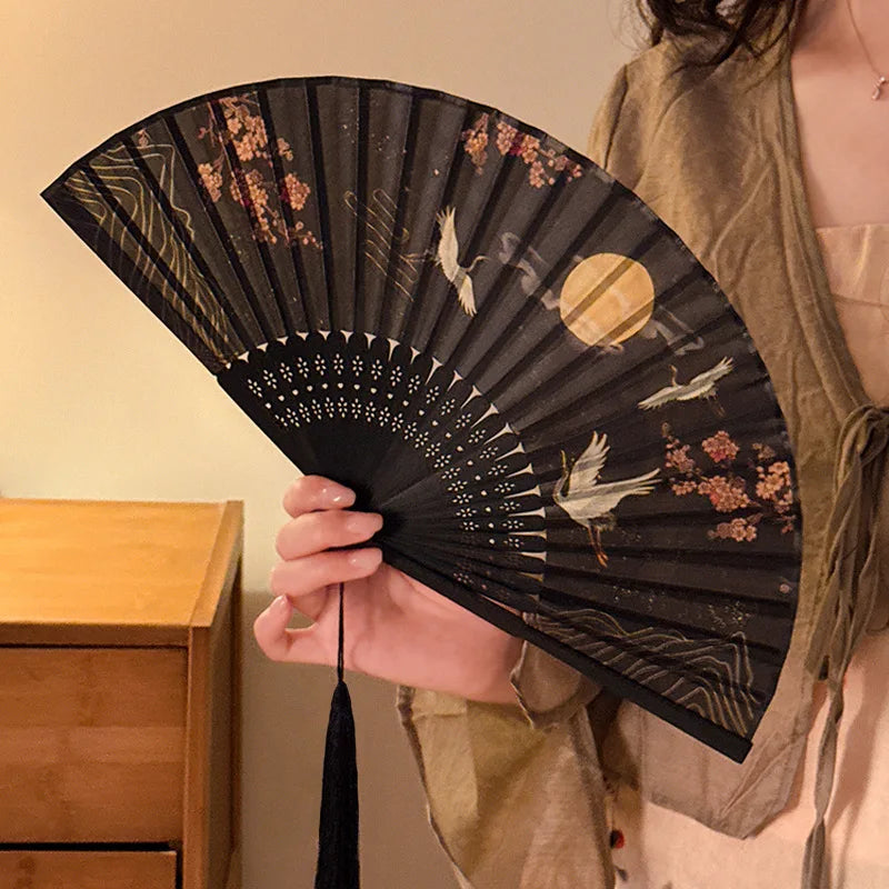 Summer Ancient Costume Portable New Chinese-style Cheongsam Dance Tassel Folding Bamboo Fan Student Ancient-style Folding Fan Oasis Select C