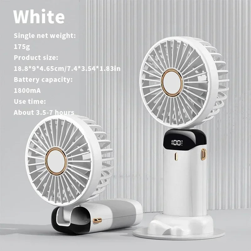 Portable Handheld Mini Fan 3000mAh Foldable Neck Hanging Fans 5 Speed Adjust USB Charge Fan with Phone Stand and Display Screen Oasis Select WHITE