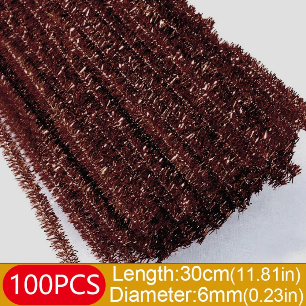 100pcs New 30cm Glitter Chenille Stems Wool Top Christmas DIY Craft Supplies Torsion Bar Tinsel Stems Oasis Select Coffee