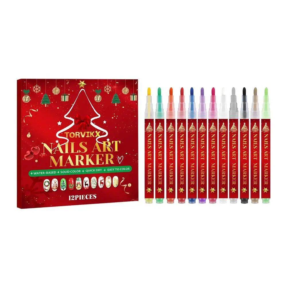 12-Piece Christmas Nail Art Pen Set – Fine Tip Quick-Dry