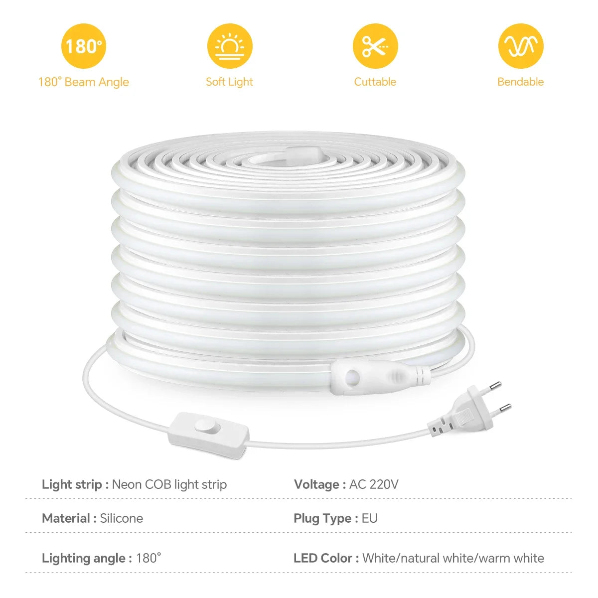 Fireproof Genuine Silicone COB Neon Strip Light 220V Swtich Control Super Bright 280leds/m Cabinet Garden Ambinet Backlight Oasis Select