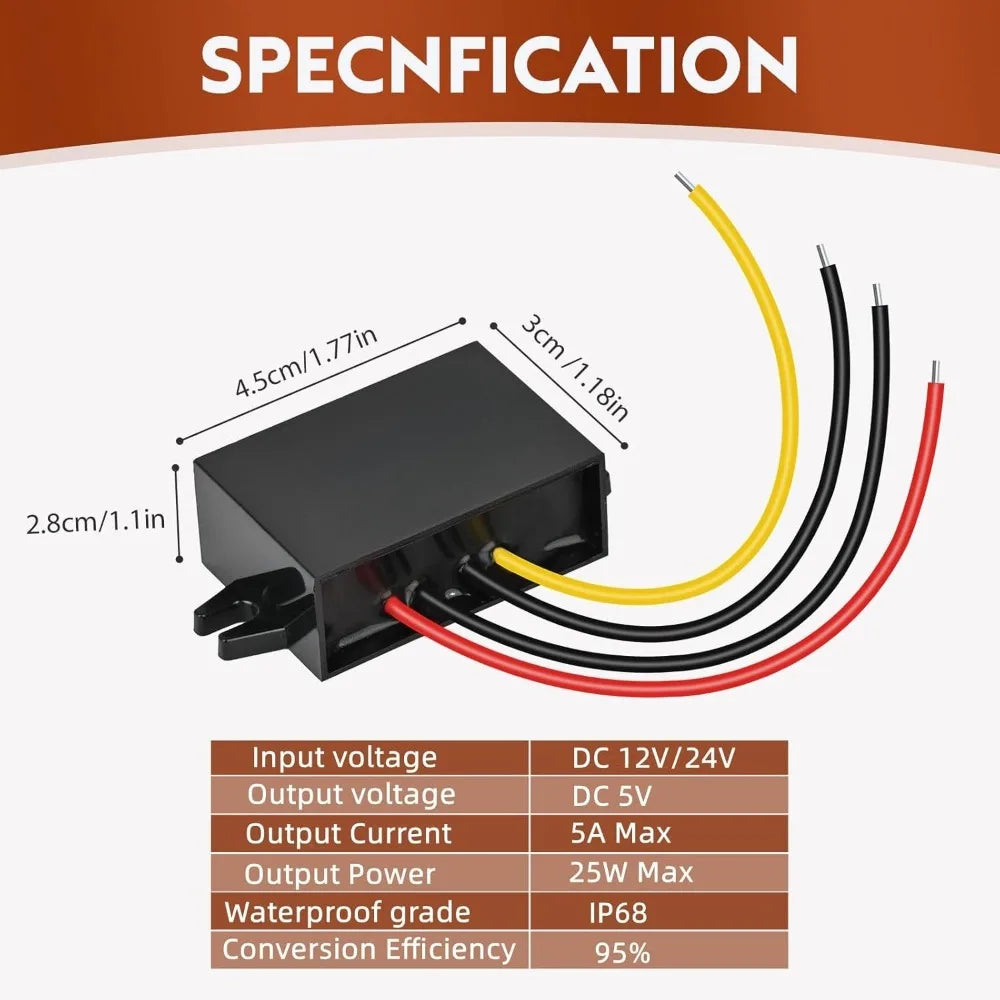 DC/DC 24V 12V To 5V 5A 25W Converter Car Power Supply Voltage Regulator Waterproof Buck Converter Module For Trucks Golf Carts Oasis Select