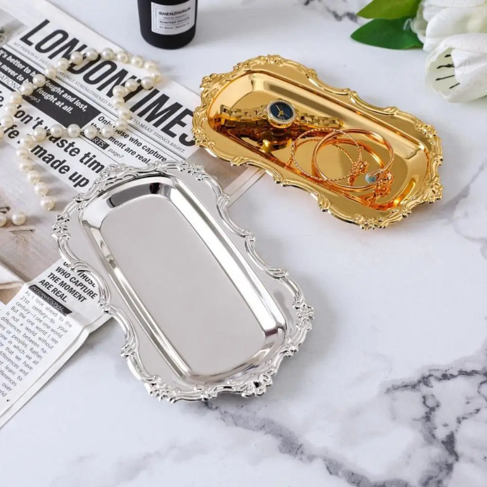 European Vintage Embossed Decorative Tray, Elegant Silver Serving Platter, for Dessert Display, Jewelry Storage & Tabletop Decor Oasis Select 2PCS
