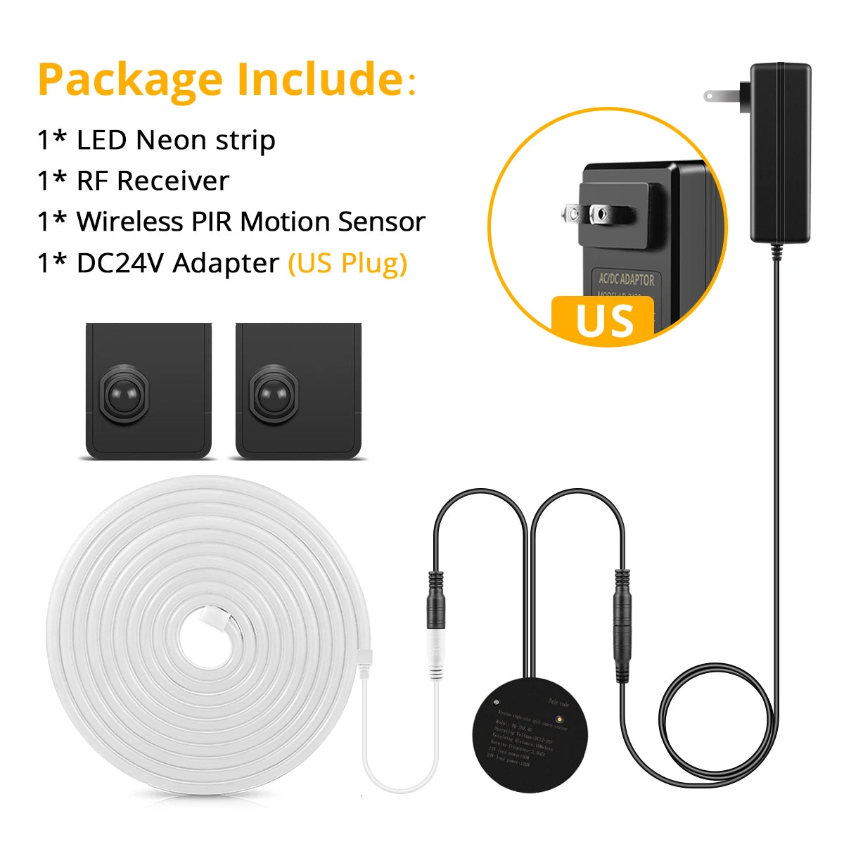 DC24V LED Neon Strip with PIR Motion Sensing Swtich 2m 5m 10m LED Real Silicone Tape Smart Night Lamp for Bathroom Bedroom Stair Oasis Select 2xSensor-US Plug WHITE 2m
