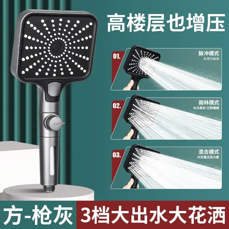 16CM Big Panel High Pressure Shower Head Water Saving 3 Modes Filter One-Key Stop Water Massage Sprayer Bathroom Accessories Oasis Select Grey Shower